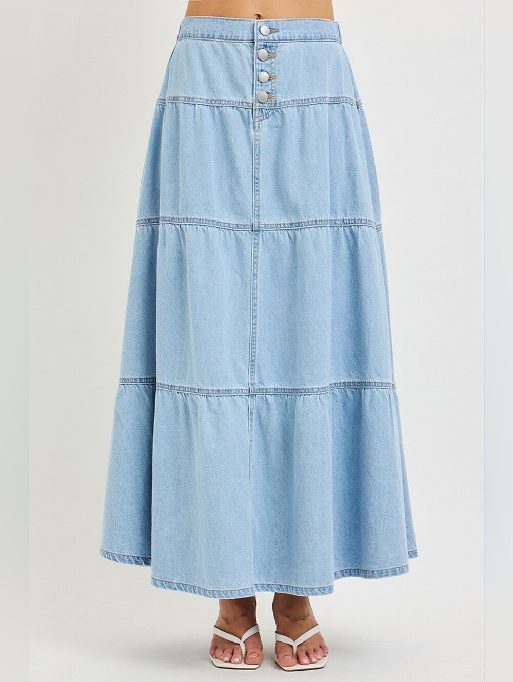 RISEN Light Wash Tiered Maxi Skirt Button Elastic Pull On Cotton Various NEW - Picture 2 of 6